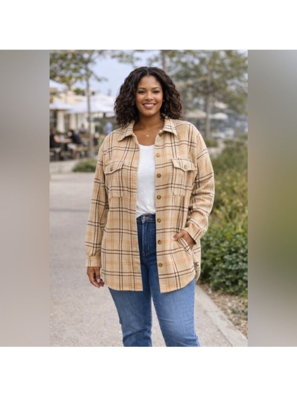 Plaid Button-Up Shacket Beige & Brown Checkered Oversized Chic Soul Womens XL